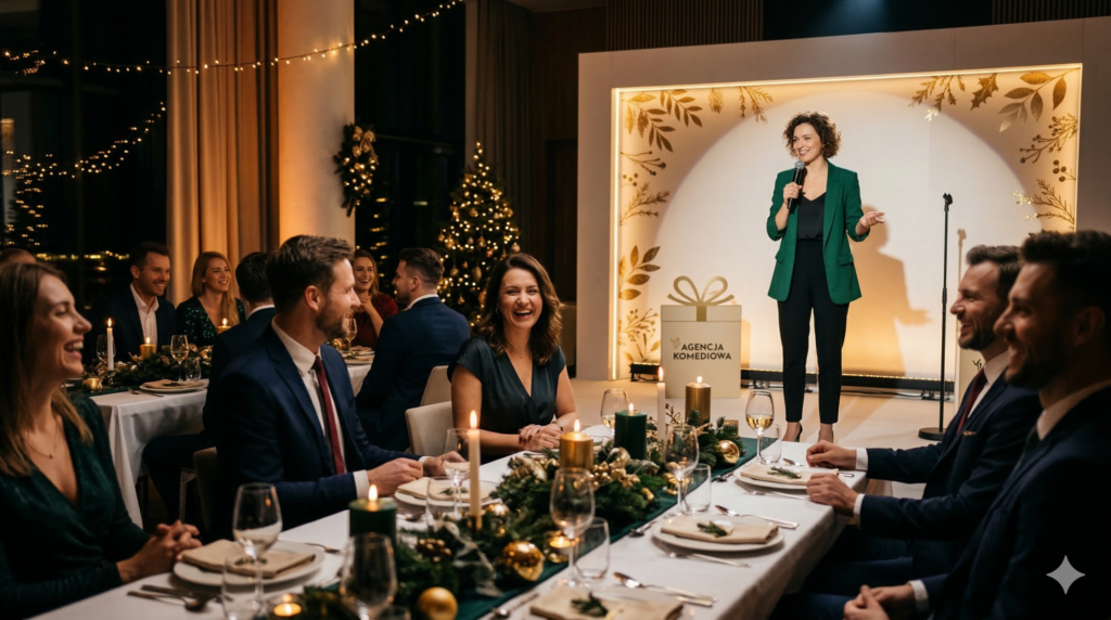 Professional corporate Christmas gala dinner stand-up comedy performance Warsaw, safe HR guide blog post featured image agencja komediowa